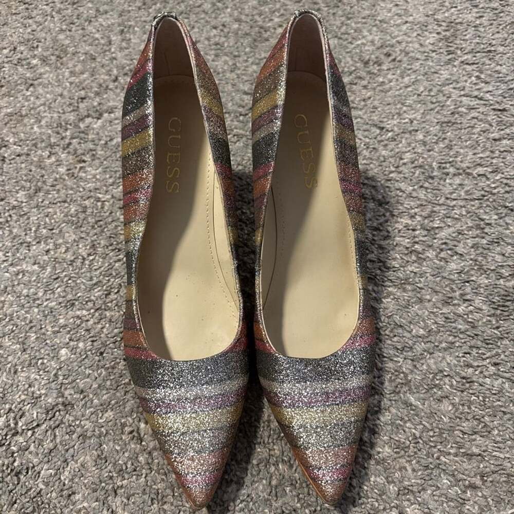 Guess Multicolor Glitter Striped Pointed Toe Stiletto Heels Pumps Size 8M